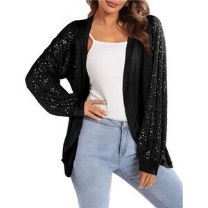 Sequin Cardigans Sparkly, Open Front Outerwear Coat Black